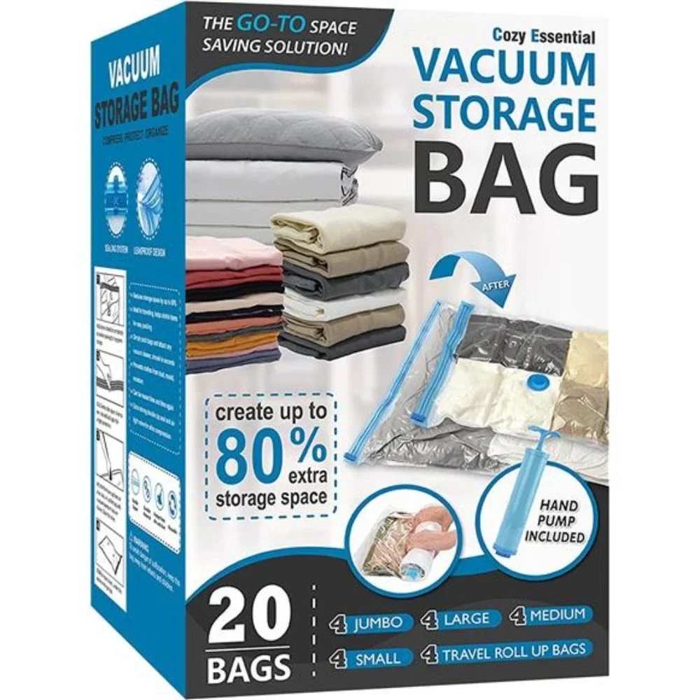 20 Pack Vacuum Sealer Bags for Clothes Storage, Hand Pump Included